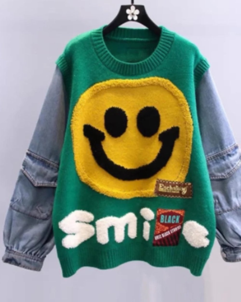 “Smile” Denim Sleeve Sweater