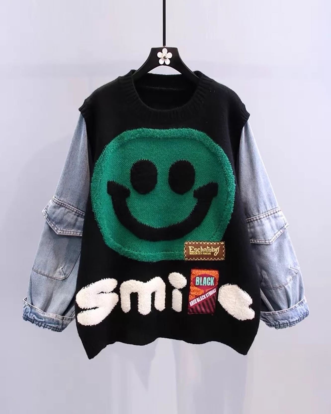 “Smile” Denim Sleeve Sweater